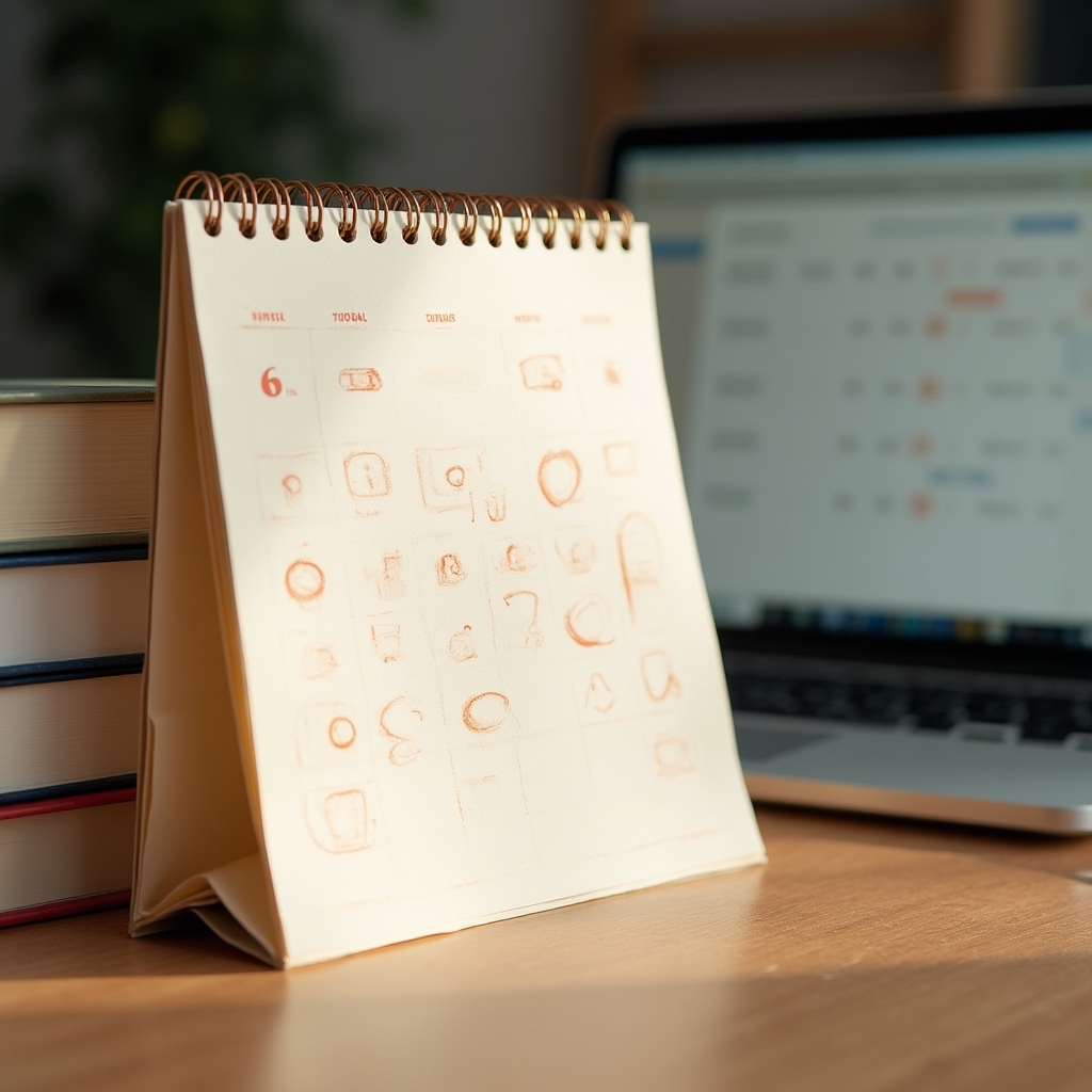 Kalendarz z zaznaczonymi terminami sesji webinarowych leżący na biurku obok laptopa